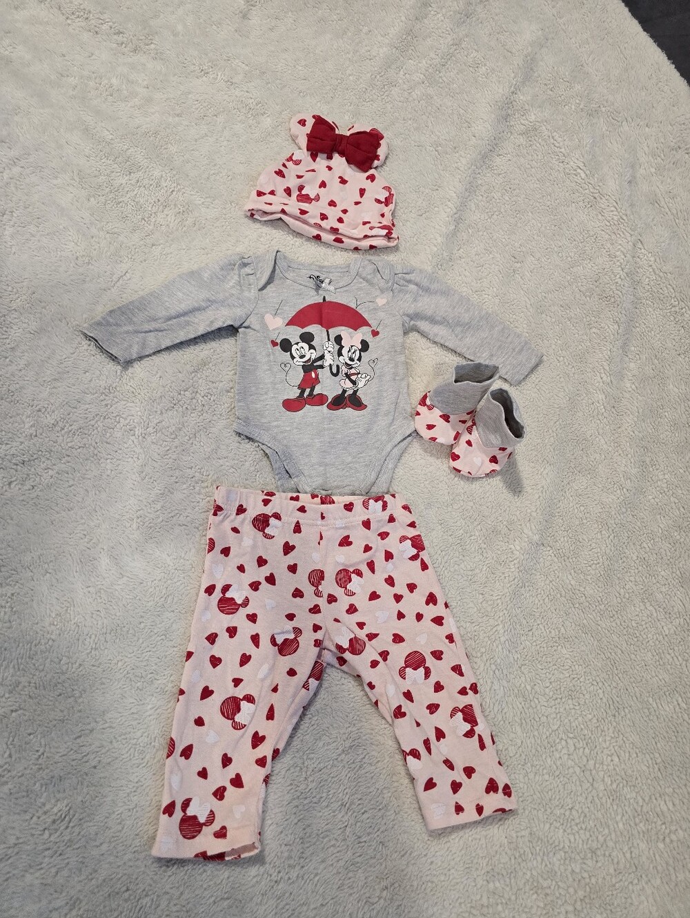Baby Mickey & Minnie Valentine Outfit - Gray & Red Hearts